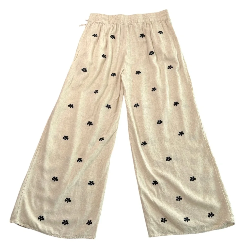 Miou Muse Womens Embroidered Linen Blend Wide Leg Pants Sz M Boho Coastal - Picture 3 of 8